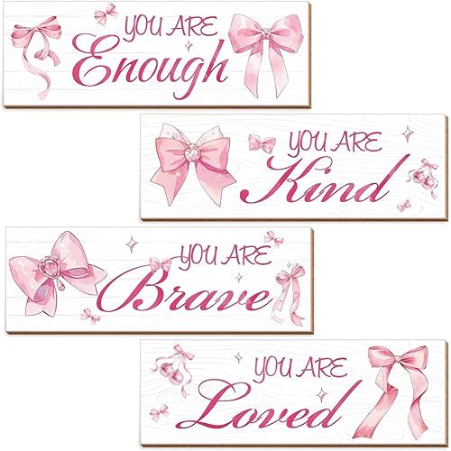 4 Pcs Pink Bow Wall Decor, Positive Affirmations Wall Art Decor, Wooden Hanging Bow Decor with Inspirational Sign for Teen Girls Room Nursery Bedroom, Pink Room Decor Aesthetic