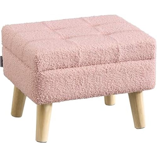 SONGMICS Storage Ottoman, Foot Stool, Ottoman with Padded Seat, Foot Rest with Wood Legs, Small Table, for Hallway, Living Room, 11.8 x 15.7 x 11.4 Inches, Teddy Fleece, Jelly Pink ULOM518SA01
