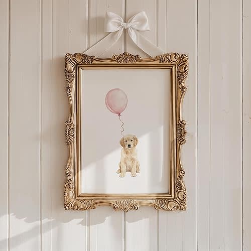 Golden Retriever Pink Balloon Nursery Decor, Watercolor Puppy Theme Nursery Print, Baby Girl Wall Art Pink Dog Wall Art Prints Unframed 59