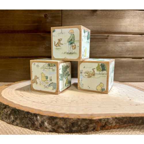 Vintage Winnie The Pooh - Wooden Baby Blocks - Yellow and Green Hues - Gender Neutral - Shower Decor - Centerpiece - Nursery Room  - 2 Inch