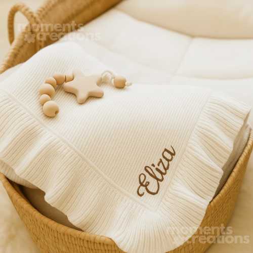 Personalized Embroidered Baby Blanket: Cotton Knit with Ruffled Edge