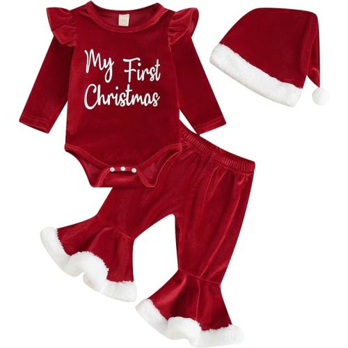 Baby Girl My 1st Christmas Outfits Letter Long Sleeve Romper Tops+Bell Bottom Pants+ Hat My First Christmas Clothes