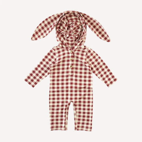 long sleeve henley bunny jumpsuit | berry gingham | bamboo