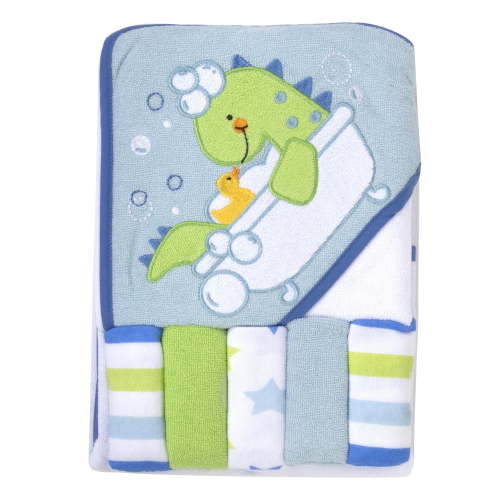 Baby Essentials 6 Piece Embroidered Hooded Cotton Bath Towel and Washcloth Set for Infants, Newborns and Toddlers 6 – 12 Months for Bath Time, Showers, Lounge, Beach and Pool in Refreshed Rex