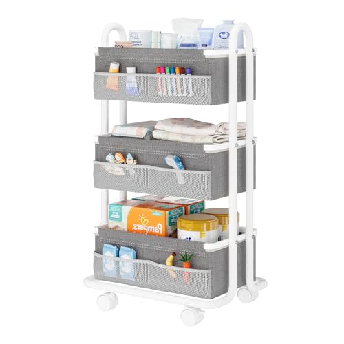 3-Tier Baby Diaper Caddy Organizer Cart, Mobile Nursery Storage Carts with Wheels, 3 Dividers & 6 Mesh Pockets Durable Metal Utility Cart for Nursery, Bedroom, Bathroom, Baby Essentials Organization
