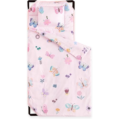 Wake In Cloud - Cot Nap Mat with Pillow and Blanket, for Toddler Kids Girls in Daycare Kindergarten Preschool Pre K with Elastic Corner Straps, Cute Butterfly Flowers, Pink
