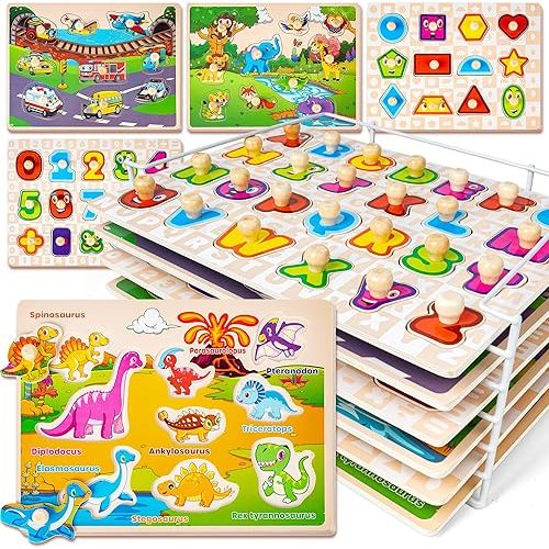 SYNARRY Wooden Puzzles for Toddlers 1-3, 6XSET Puzzles for Toddlers 2-4 with Rack, Learning Alphabet Number Shape Animal Dinosaur Vehicle, Toddler Easter Basket Stuffers Gifts Toys for Boys Girls