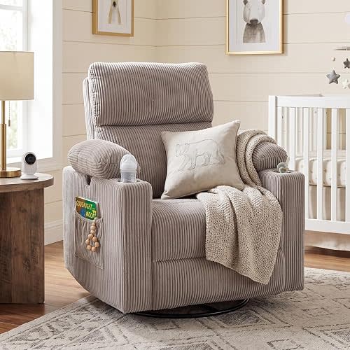 RUTOX Rocking Chair Nursery with Adjustable Armrests, Glider Recliner Chair with Massage and Heat, Power Swivel Rocker Recliner with Adjustable Headrest, Corduroy Grey