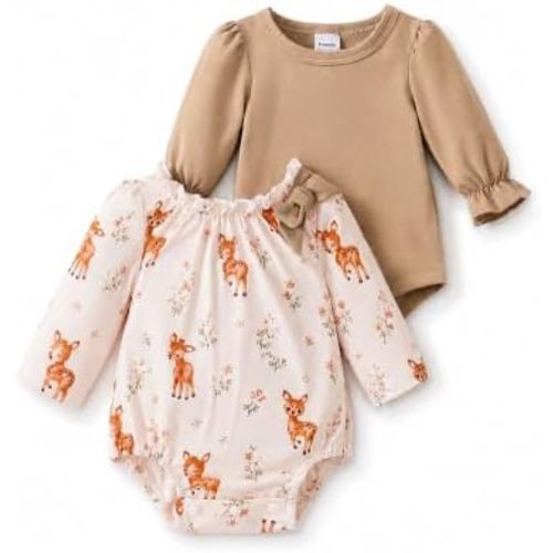 Baby Girl Clothes Long Sleeve Bodysuit Romper Set Ruffle Bow Prints 2 Pack Preemie Newborn 0 3 6 12 Months