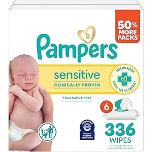 Pampers Sensitive Baby Wipes, Clinically Proven, Fragrance Free, Unscented, Water Based, Hypoallergenic, Multi-Use, Hand Wipes 336 Wipes Total (6X Flip-Top Packs) [Packaging May Vary]