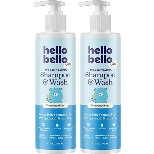 Hello Bello Baby Ultra-Hydrating Shampoo & Wash, Fragrance Free for Sensitive Skin, 10oz Bottle (Pack of 2)