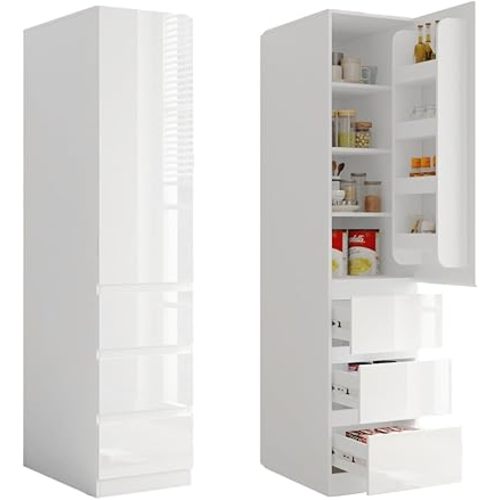 Kitchen Pantry with Storage Cabinet and Single Door, Food Pantry with Spice Racks and Drawers for Kitchen & Living Room (White)
