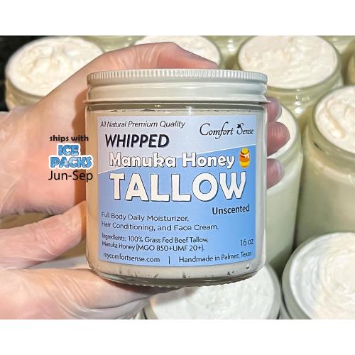 Manuka Honey Tallow, All-Natural Whipped Tallow with 850+MGO Manuka Honey, Unscented Whipped Tallow, Grass fed Beef Tallow Moisturizer