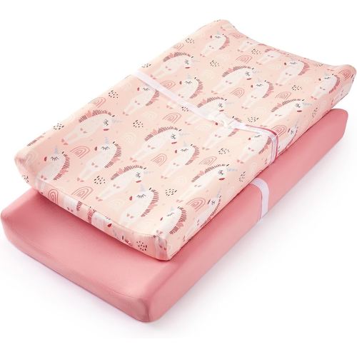 TILLYOU Changing Pad Cover Set in Soft Jersey Material - Fits 32"/34''x16 Contoured Pad for Babies, Unicorn & Meat Powder