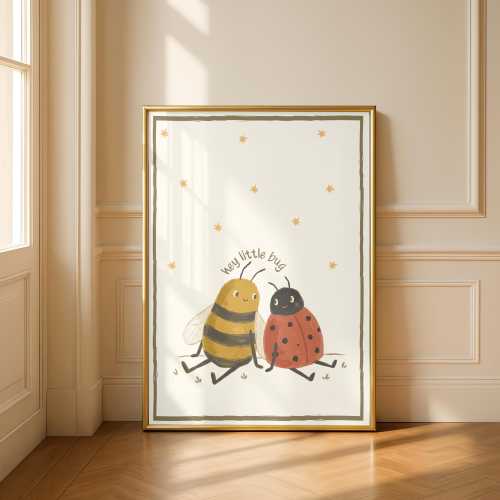 Whimsical Bee Ladybug Nursery Art Print, "Hey Little Bug" Kids Wall Decor (Digital Download)