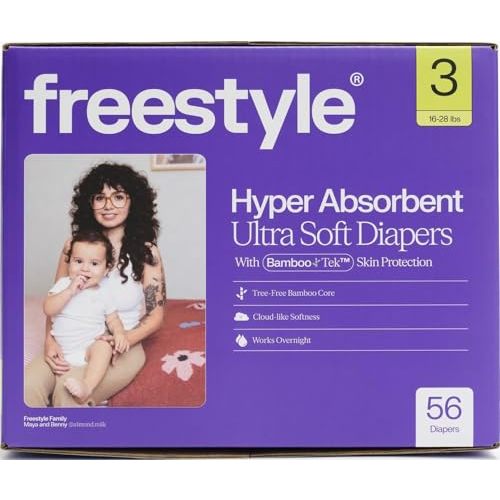 Freestyle BambooTek Diapers – (Size 3) Hyper Absorbent & Non-Toxic – Disposable Diapers for Sensitive Skin – Ultra Soft Diaper's (16-28 lbs) – 56 Count