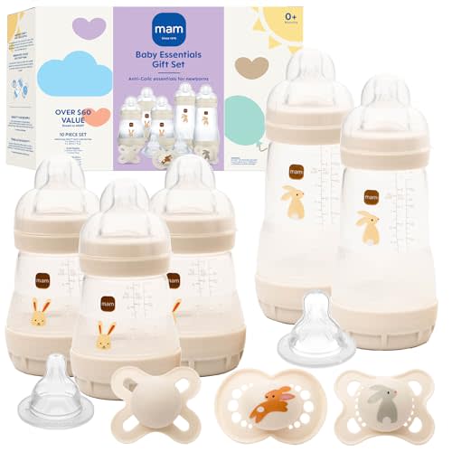 MAM Easy Start Anti-Colic Baby Bottle & Pacifier Set, 5 Self Sterilizing Bottles (3X 5oz, 2X 9oz) & 3 Original Pacifiers 0–16 Months + Extra Nipples, Newborn Feeding Gift Set