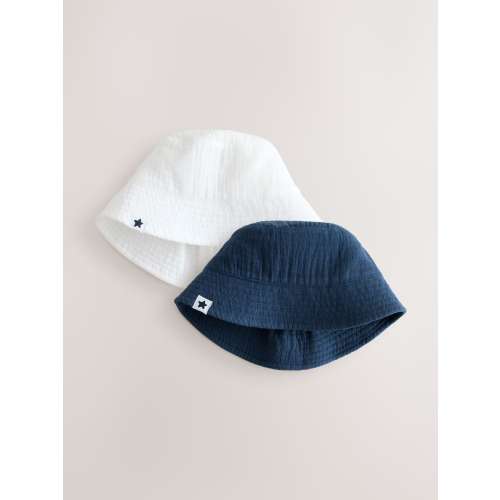 White and Blue Woven Baby Bucket Hats 2 Pack (0mths-2yrs)
