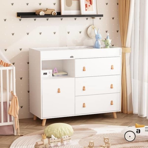White Wood 4-Drawer, 44.9 in. W Wood Chest of Drawers Nursery Storage Organizer With Changing Table Open Shelf
