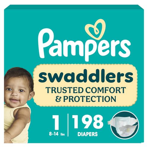 Pampers Swaddlers Diapers, Size 1 (8-14 lbs), 198 Count, Fragrance Free, Hypoallergenic, Absorbent, Pediatrician Recommended, Skin Safe
