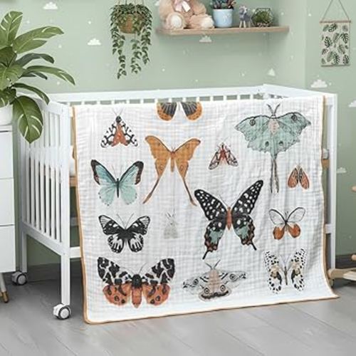 Butterfly Muslin Blanket 47 x 47 Inch Warm Soft Cotton Muslin Swaddle Blanket, Boho Nursery Swaddling Wrap Quilt for Girls Bedding Gift, Spring Summer Nap, Crib Bed Sofa Nursery Decor