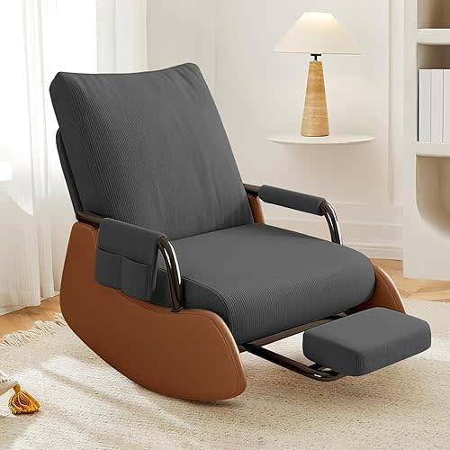 Nursery Rocking Chairs Upholstered Glider Rocking Chair with Side Pocket and Adjustable High Backrest,Soft Corduroy Rocker Accent Chair with Footrest for Living Room Bedroom