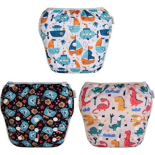 Babygoal Baby Swim Diapers 3 Pack for 0-8 Months Infant Girls and Boys, Reusable Adjustable Washable for Swimming Lessons-Boat, Bear,Dinosaur