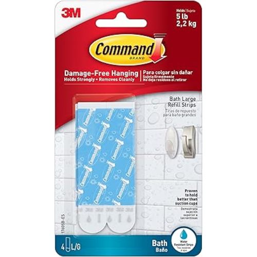 Command 5 lb Large Water-Resistant Refill Strips, 4 Strips, Reuse Large Bath Hooks or Caddies