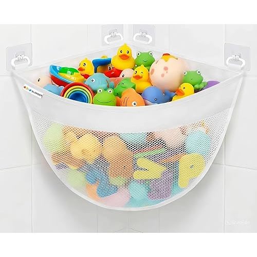 Bath Toy Storage Organizer for Bathtub – Large Mesh Bath Toy Holder & Bath Toy Net, Corner Bathtub Toy Storage Bag with 6 Strong Adhesive Hooks, Quick-Dry Bathroom Toy Holder for Tub & Kids Shower