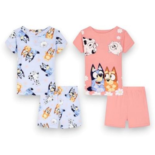 Bluey Toddler Girls' 4-Piece Cotton Snug-Fitted Pajama Set, Coral/Blue Friends, 2T
