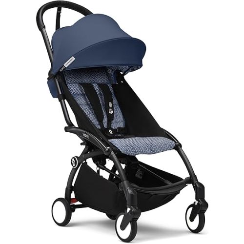 Stokke YOYO3 Stroller from 6 Months - Includes Black Frame/Air France Blue Seat Cushion + Canopy - Folds in & Out in a Flash - Light & Compact - Carry-On Compatible