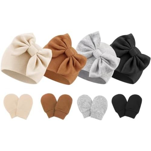 BQUBO Newborn Baby Hats Mittens Set Hospital Hat Beanie Infant Bow Hats Baby Gloves No Scratch Mittens for 0-6 Months