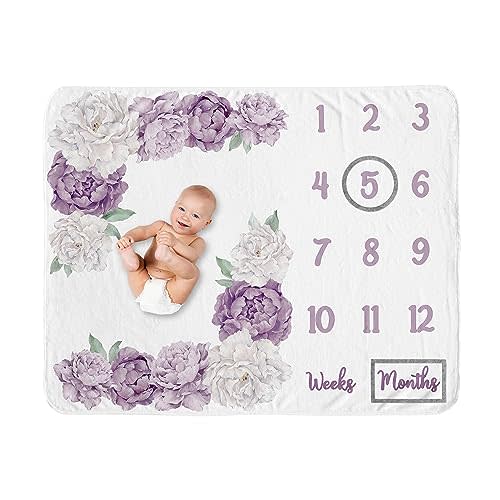 Sweet Jojo Designs Lavender Purple Boho Shabby Chic Floral Girl Baby Milestone Blanket Newborn Monthly First Year Photo Growth Chart Infant Memory Gift Set Violet Ivory Bohemian Vintage Watercolor
