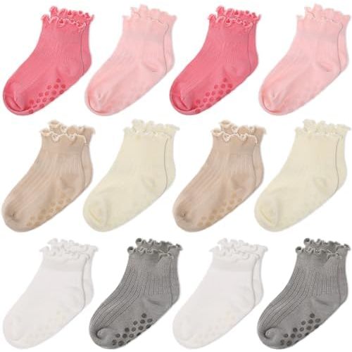 Jeyiour 12 Pairs Cute Ruffle Toddler Socks, Non-Slip Grip Socks for Baby Girls, Frilly Ankle, Anti-Skid Bottom, 0-24 Months