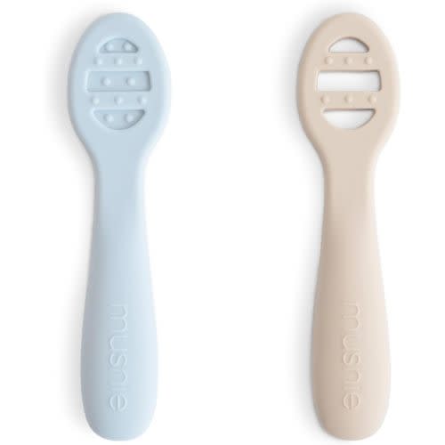 Mushie Silicone First Feeding Baby Spoons | 2 Pack (Powder Blue/Shifting Sand)