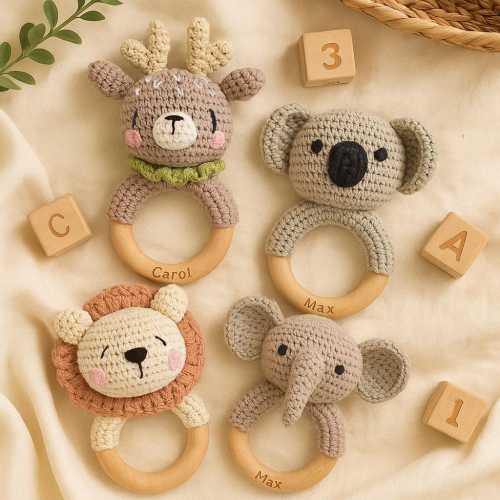 Custom Crochet Toy Rattle – Wood Baby Teether, Sensory Toy,Eco-friendly Soft&Safe, Personalized Name Newborn Gift Animal Ragttle