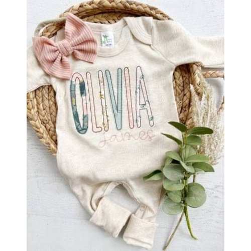 Personalized baby girl romper and bow, pink infant girl coming home outfit, custom name, baby shower gift, romper with footies, sage green