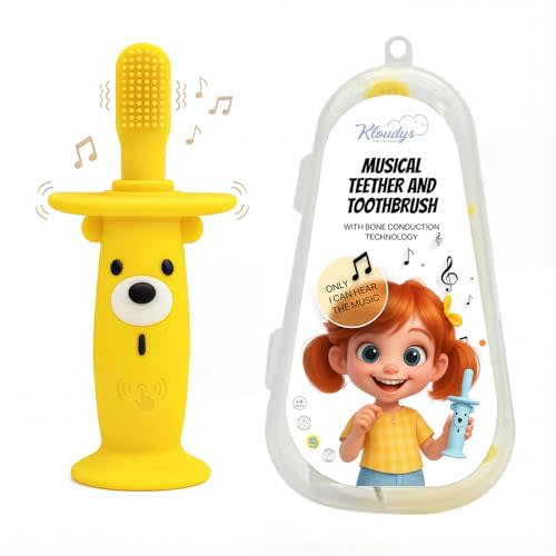 Vibrating Baby Teether & Toothbrush l Teething relief & Bone conduction music l Soft BPA-Free Silicone baby teethers, oral sensory chew toys for kids & babies,Teething Toys 9-24 Months, Yellow