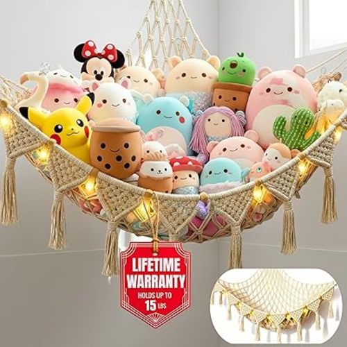 Stuffed Animal Hammock Corner | Sturdy Handcrafted Stuffed Animal Net | 4mm Double Macrame Cord Stuffed Animal Holder | Natural 100% Cotton Plushie Net | Toy Hammock w/LED Light (Ice Cream)