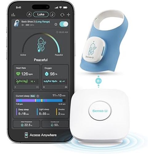 Sense-U Smart Sock Shoe 2 (Long Range) Baby Monitor with Access from Anywhere: Track Heart Rate, Sleep Patterns with Transmissive PPG Foot Sensor