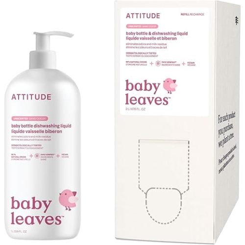 Bundle of ATTITUDE Baby Dish Soap, Plant-Based Dish Liquid, Extra Gentle on Sensitive Skin, Tough on Milk Residue & Grease on Bottles, Fragrance Free, 33.8 Fl Oz + Bulk Refill 67.6 Fl Oz