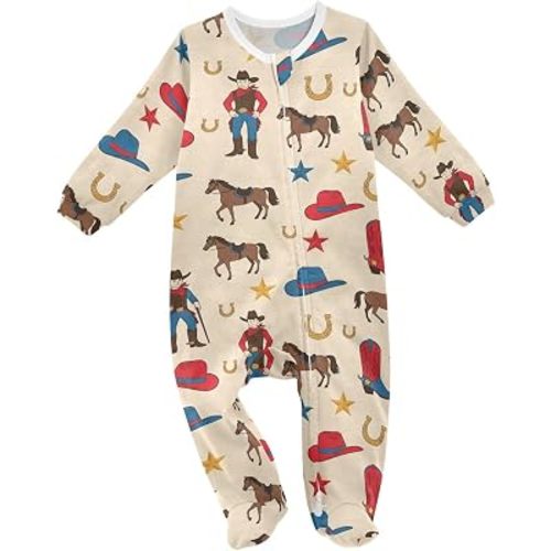 Baby Long Sleeve Footed Romper 0-9M Western Themed Pattern Prints