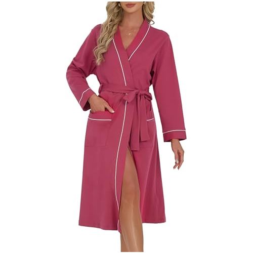 U2SKIIN Womens Organic Cotton Robe, Lightweight Long Kimono Bathrobe for Women, Soft Spa Lounge Sleepwear with Pockets