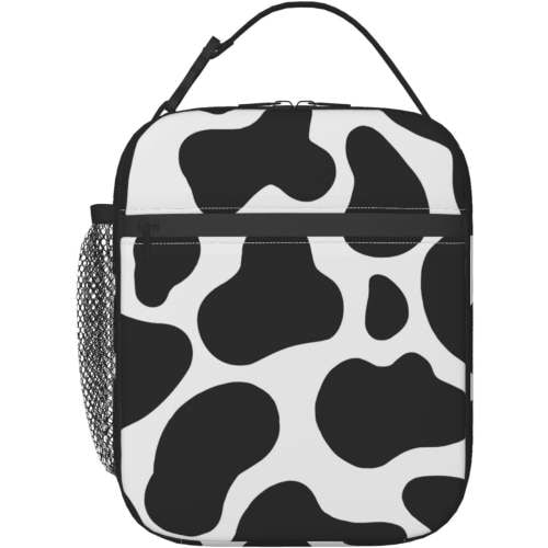 Cow Lunch Box for Women Men Insulated Reusable Black and White Cow Print Lunch Bag with Pocket Cute Cow Print Thermal Cooler Tote Bag for Office Work Picnic Hiking Camping