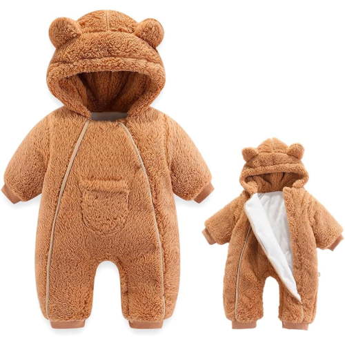 XFHLMJFF Baby Bear Ears Jumpsuit Solid Color Long Sleeve Romper Outfit Thick Hooded Clothes Warm Coat 0-12 Months