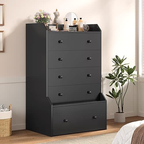 ADORNEVE 5 Drawer Dresser for Bedroom,Tall Black Chest of Drawers,Large Modern Vertical Dresser for Living Room,Hallway, Closet