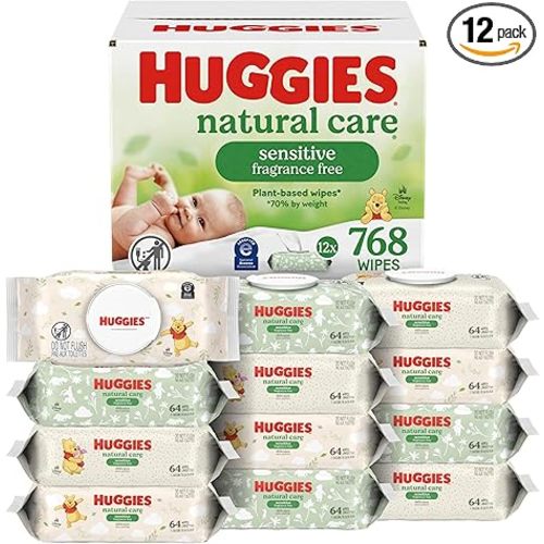 Huggies Natural Care Sensitive Baby Wipes, Unscented, Hypoallergenic, 99% Purified Water, 12 Flip-Top Packs (768 Wipes Total), Packaging May Vary