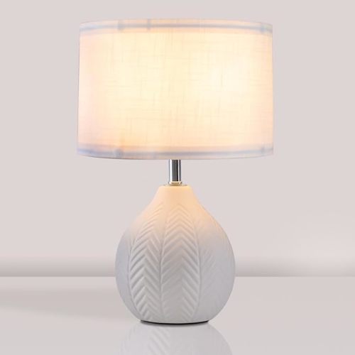 12" White Ceramic Table Lamp, Small Bedside Nightstand Lamp with Linen Shade, Mid Century Modern Cute Desk Lamps for Bedroom, Living Room, Office, Entryway, Reading Room