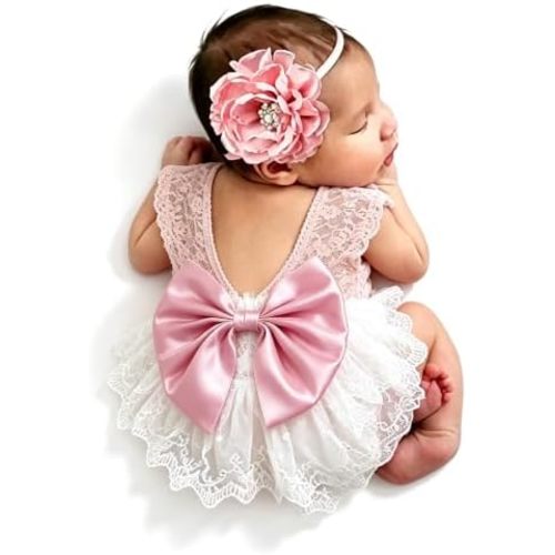 ForBaysy Infant Newborn Photography Props Girl Outfit Lace Romper with Cute Flower Headband Newborn Dress Posing Props