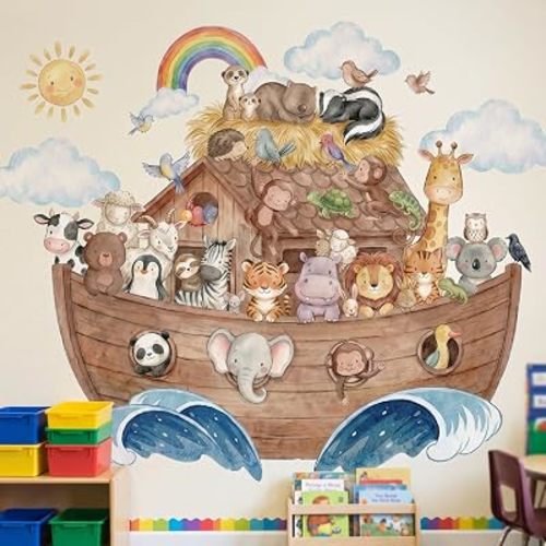 Watercolor Style Noahs Ark Stickers Decals Decoration Noah Ark Craft Decal Kit Jungle Animals Religion Classroom Decoration for Wall Vbs Sunday School Nursery Room Decor (22 x 14 Inches)